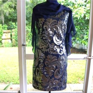 Laundry ~ Navy Chiffon Draped Popover Sequins Sheath Party Dress size 4